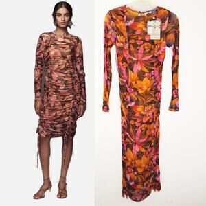 NWT Farm Rio x Anthropologie Ruched Mesh Tropical Graphic Flowers Midi Dress XS